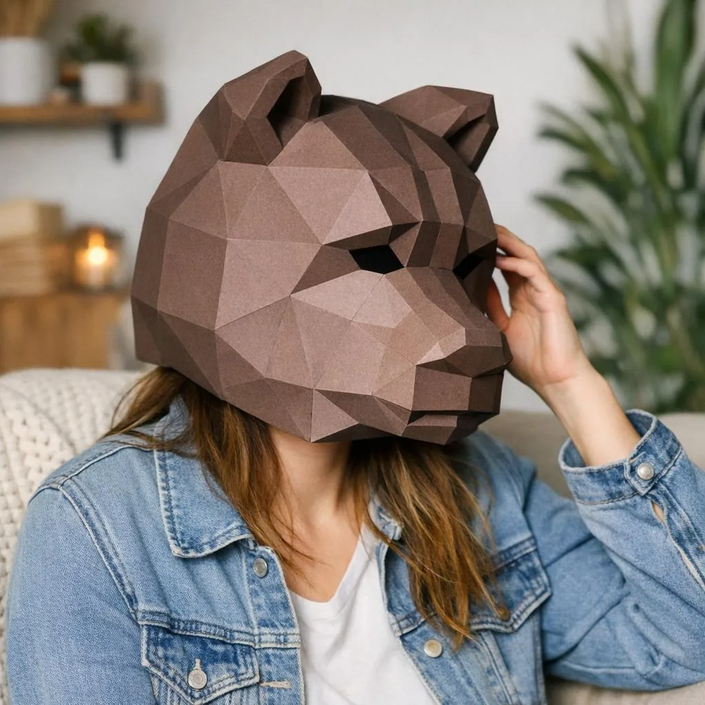 Dark brown bear mask 3D origami papercraft