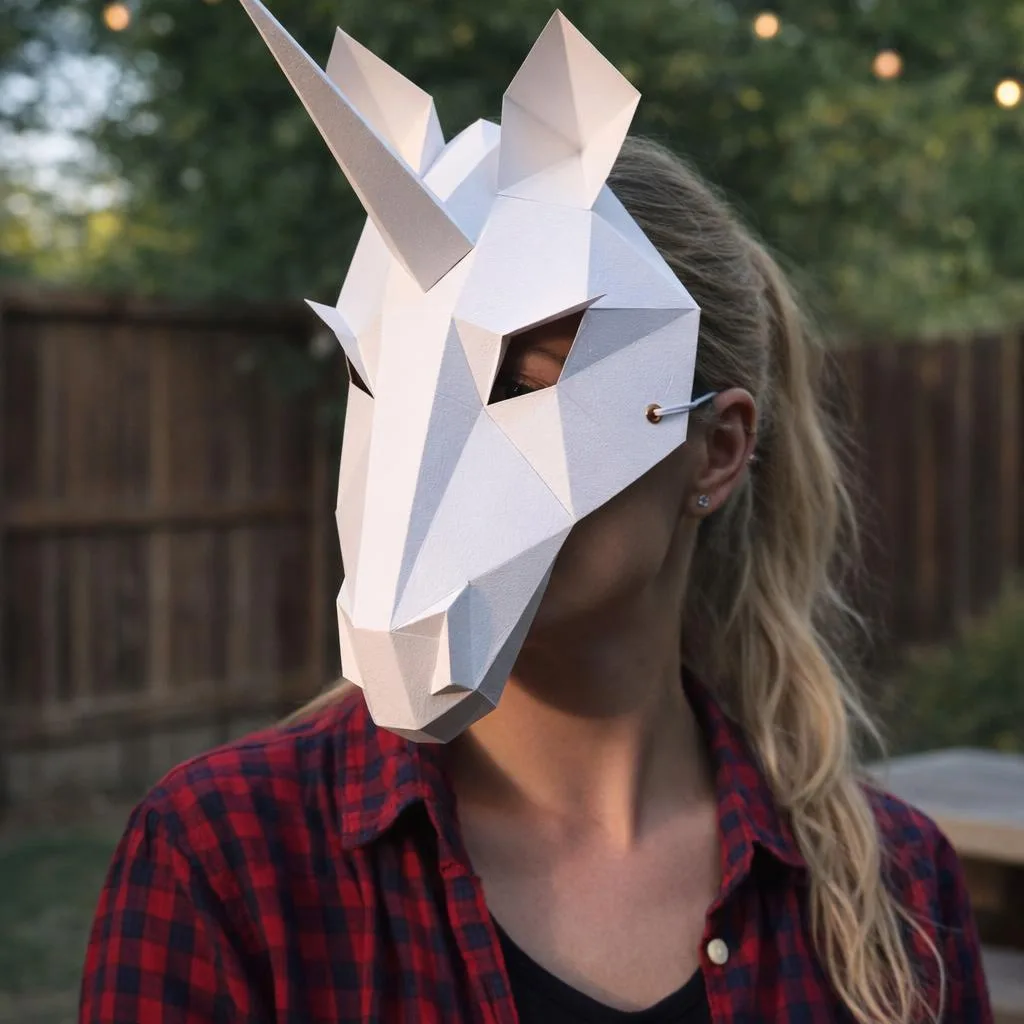 Papercraft masque de licorne blanc en origami 3D