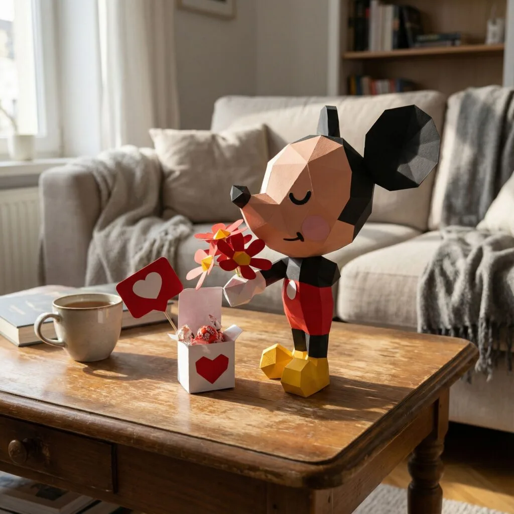 Papercraft Mickey mit Blumenstrauß als 3D-Origami