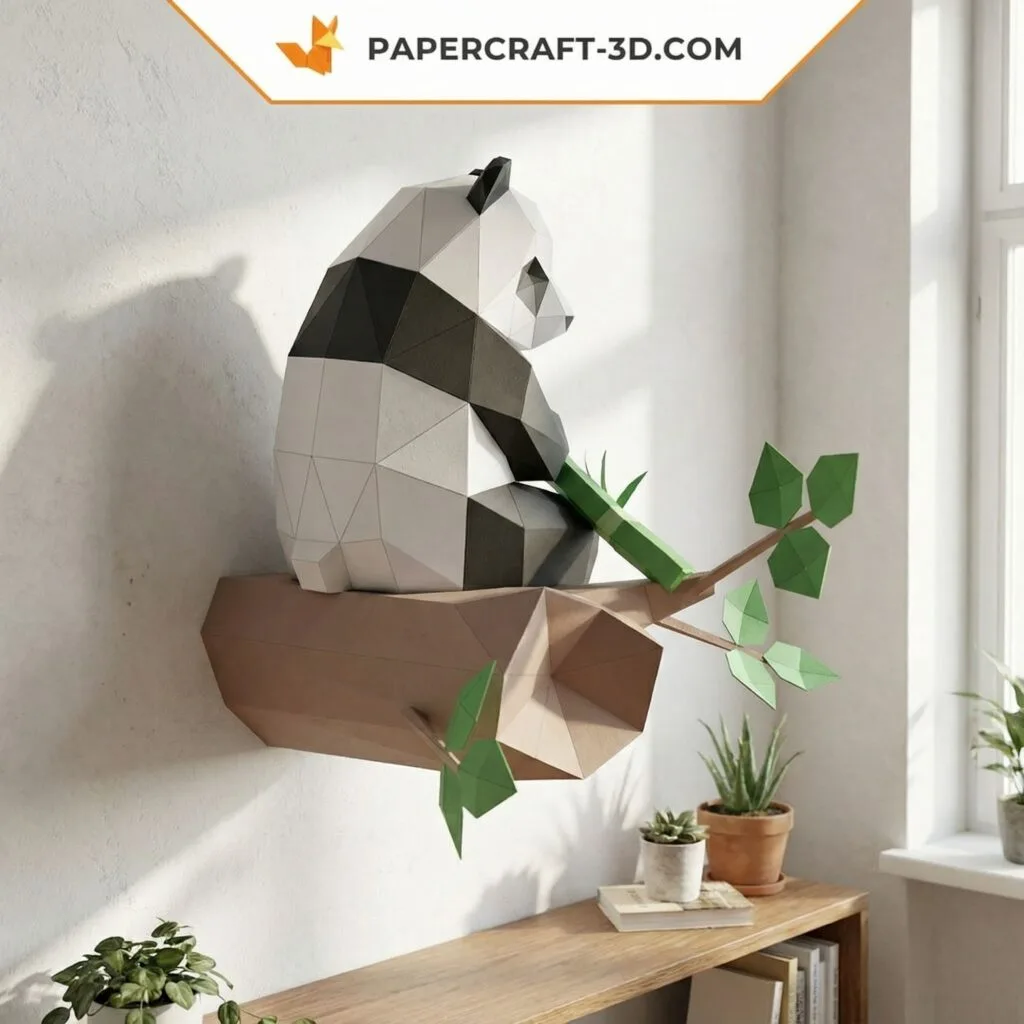 Papercraft panda seduto sul bambù in origami