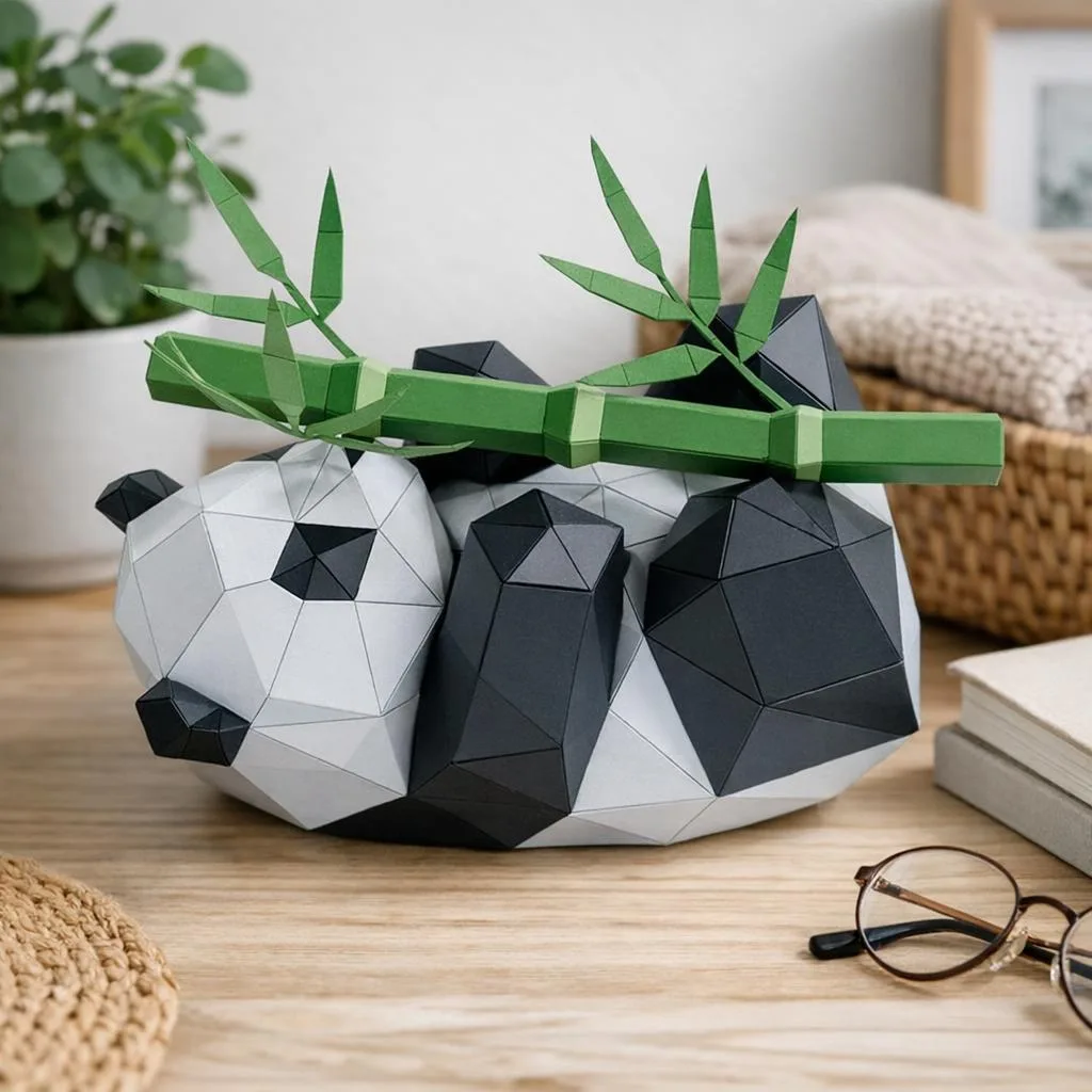 3D origami panda playing with bamboo papercraft