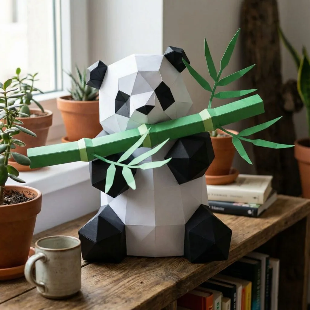 Papercraft panda comiendo bambú en origami
