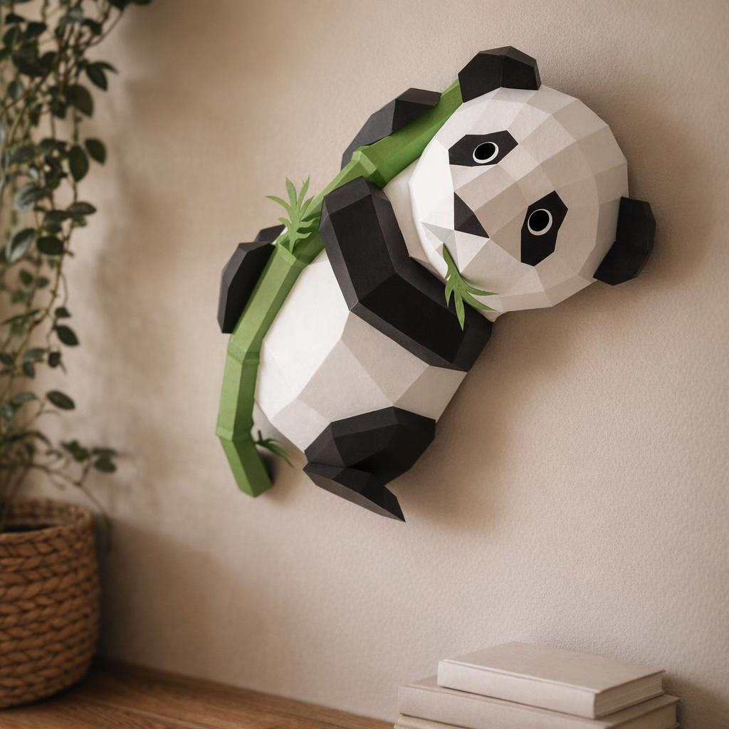 Papercraft panda mural sur bambou en origami 3D