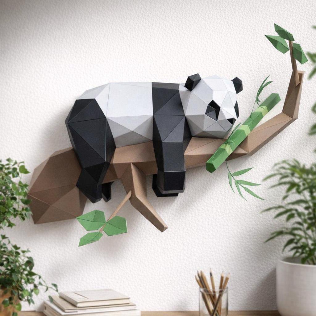 Papercraft panda paresseux sur arbre en origami 3D