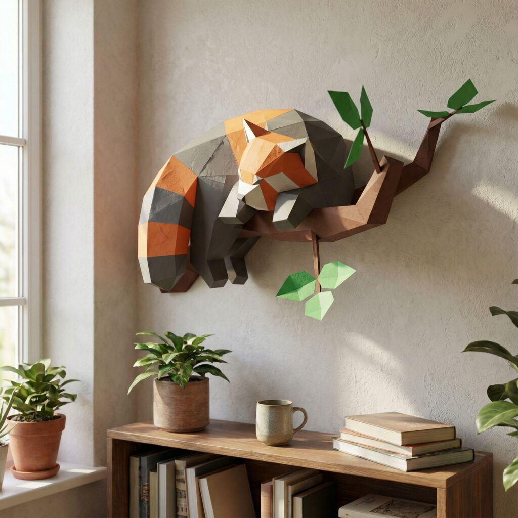 Papercraft panda rouge endormi sur une branche en origami 3D