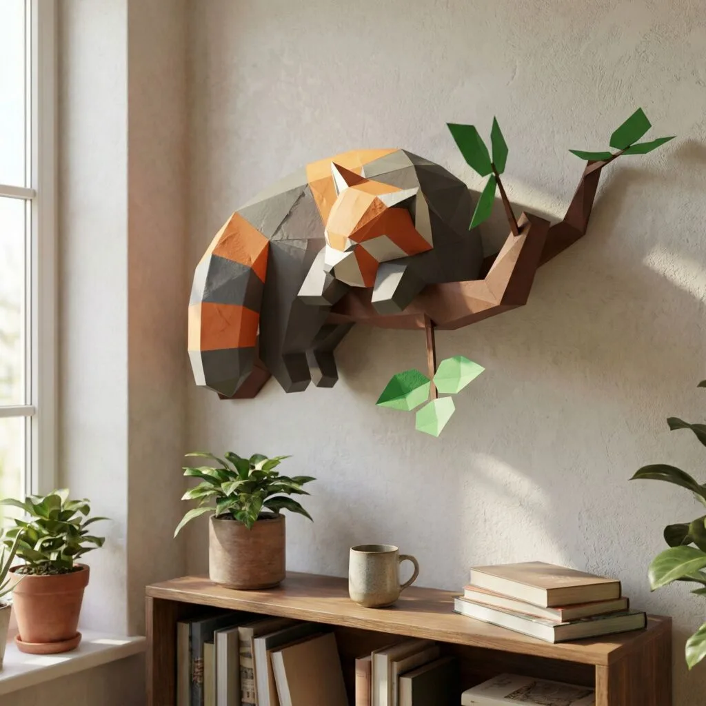 Papercraft schlafender Roter Panda auf einem Ast als 3D-Origami