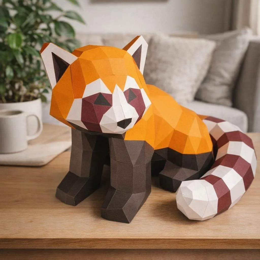 Papercraft panda vermelho sentado em origami