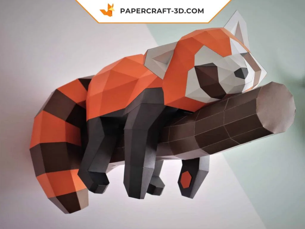 3D origami red panda wall papercraft on its branch