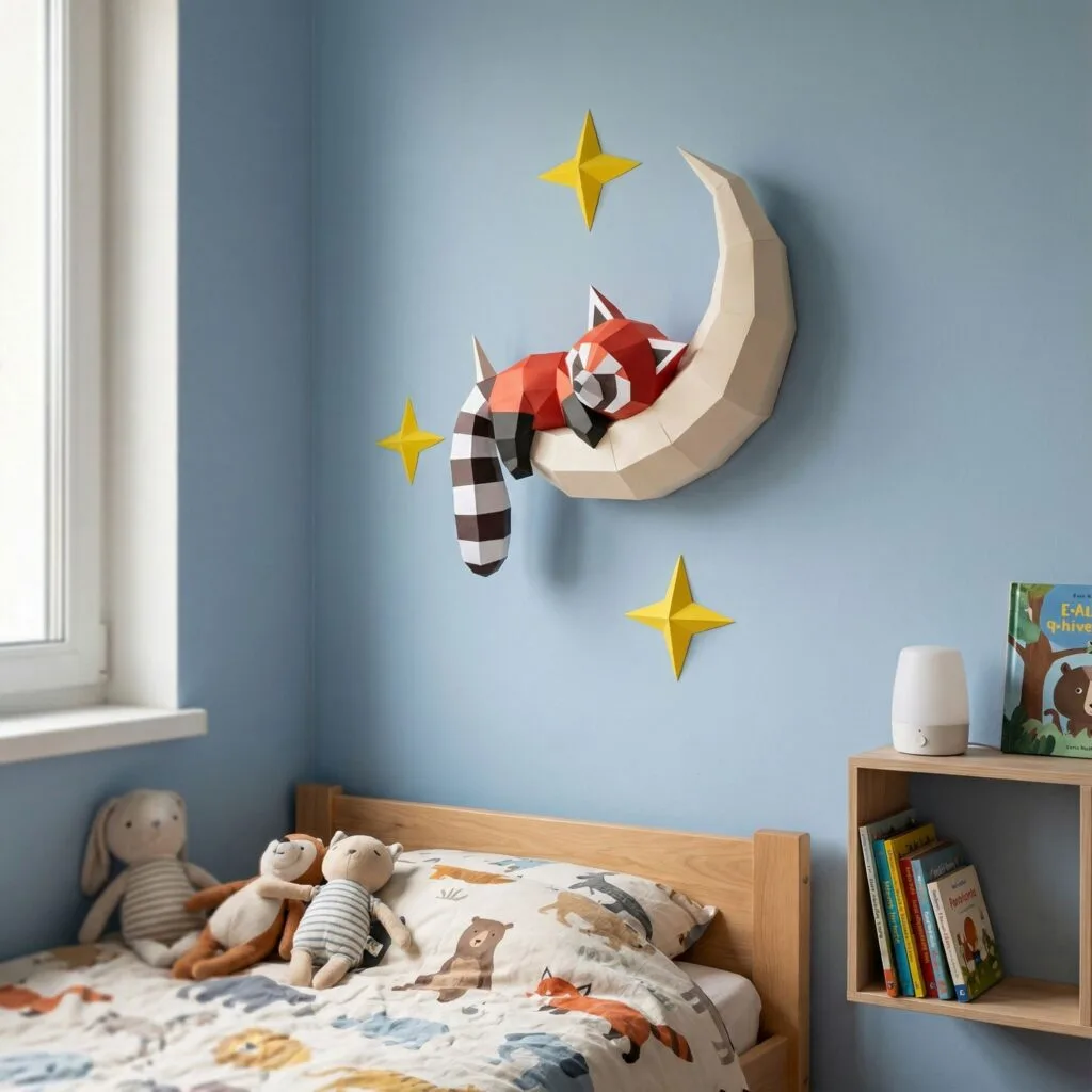 Papercraft Roter Panda auf dem Mond in 3D-Origami
