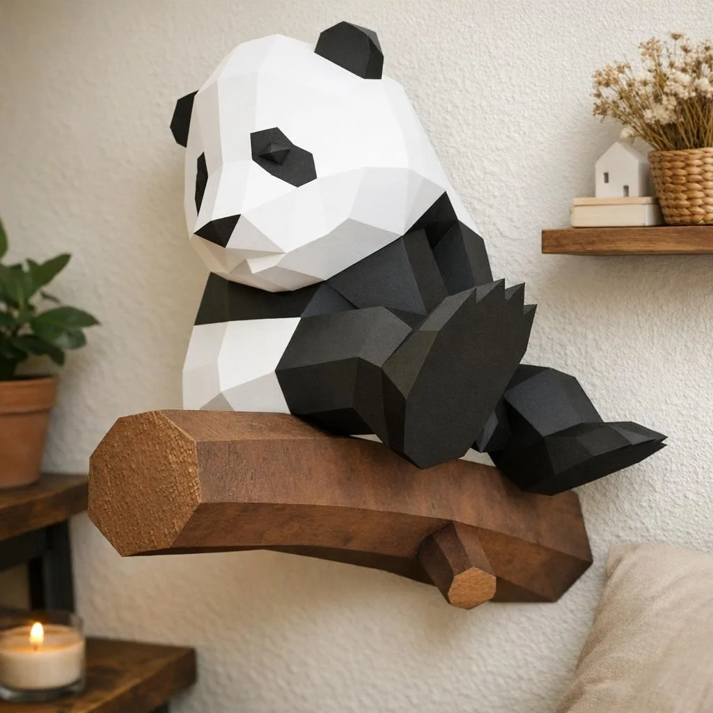 Papercraft-Panda auf seinem Ast in 3D-Origami