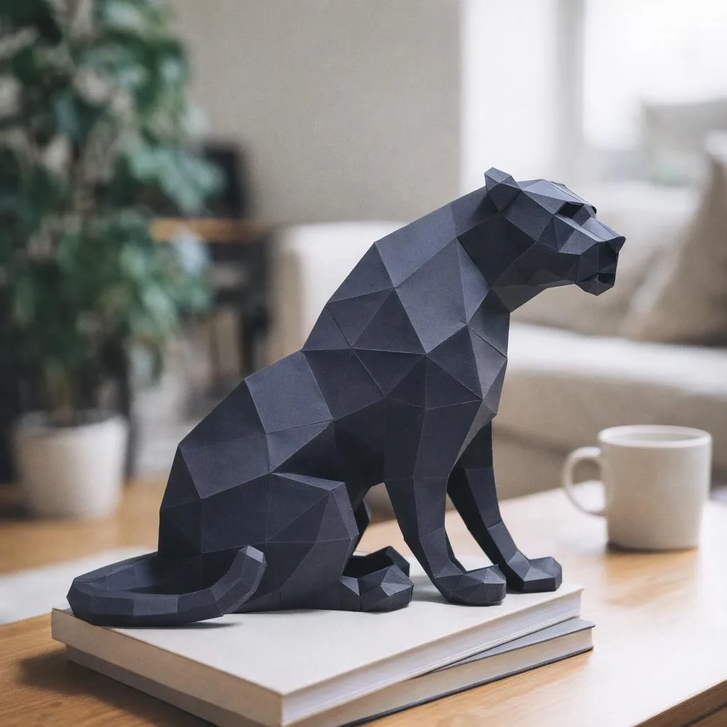 Papercraft sitzender schwarzer Panther in Origami