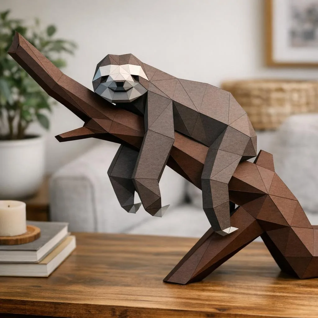 Papercraft Faultier auf seinem Ast in 3D-Origami