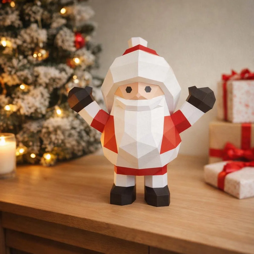 Papercraft Weihnachtsmann mit erhobenen Armen als 3D-Origami