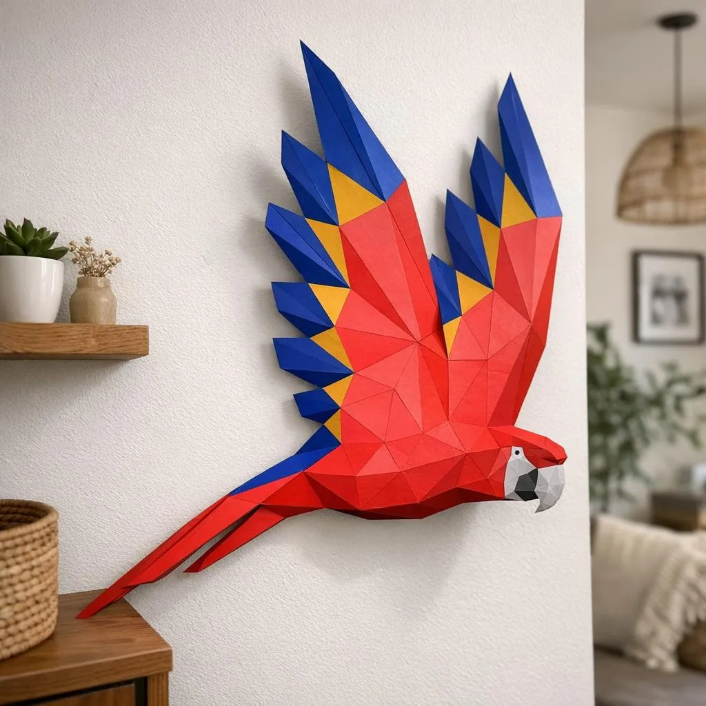 Papercraft ala de loro Macaw mural en origami
