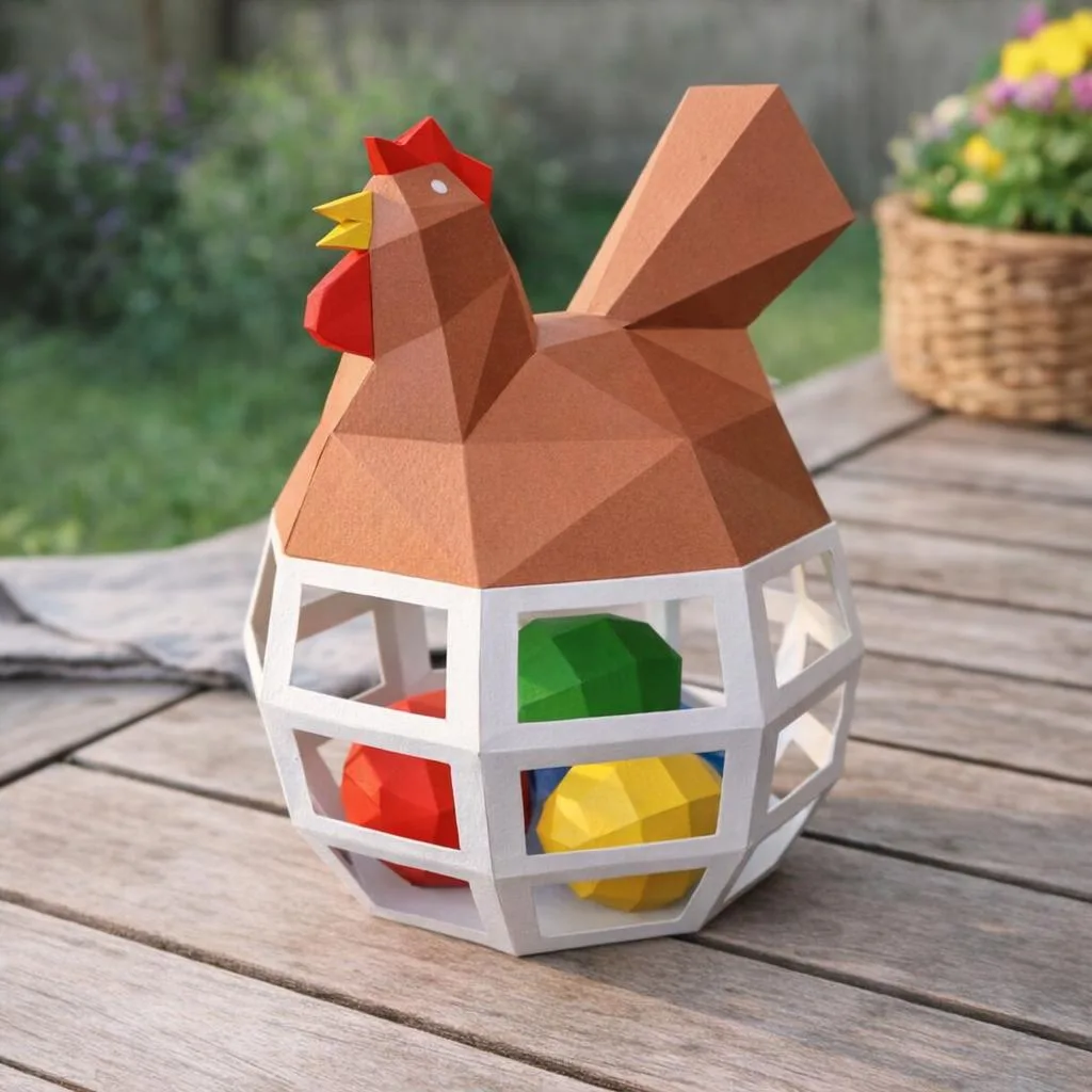Papercraft poule sur corbeille à œufs de Pâques