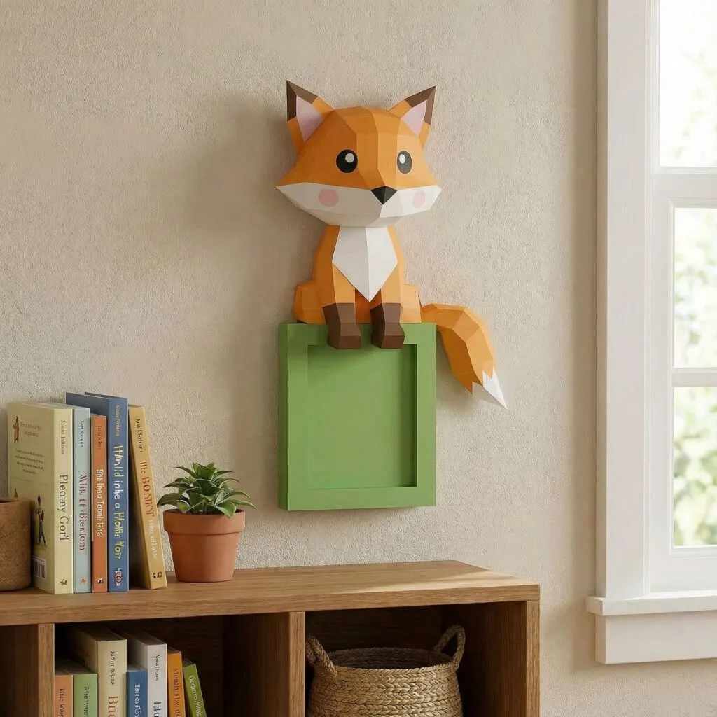 Papercraft volpe seduta su mensola da parete in origami 3D