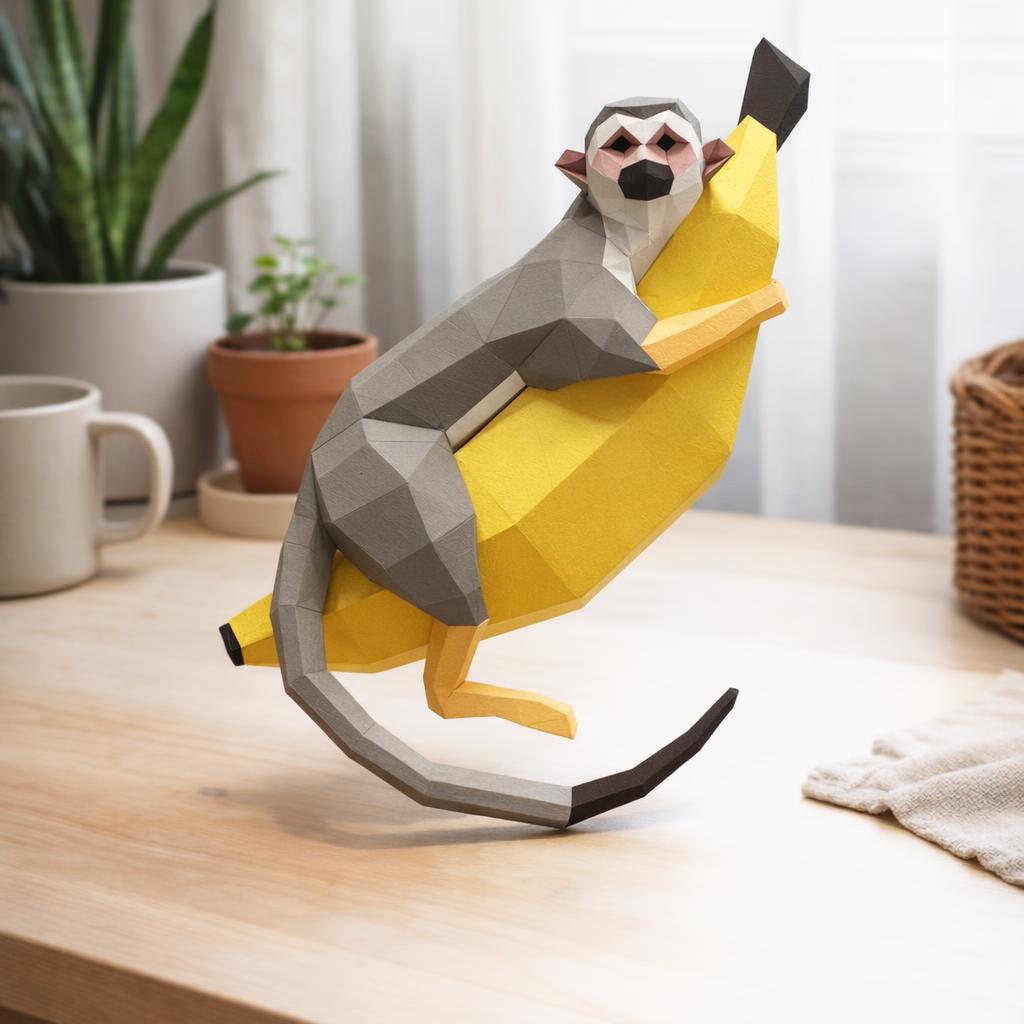Papercraft monkey on banana in origami