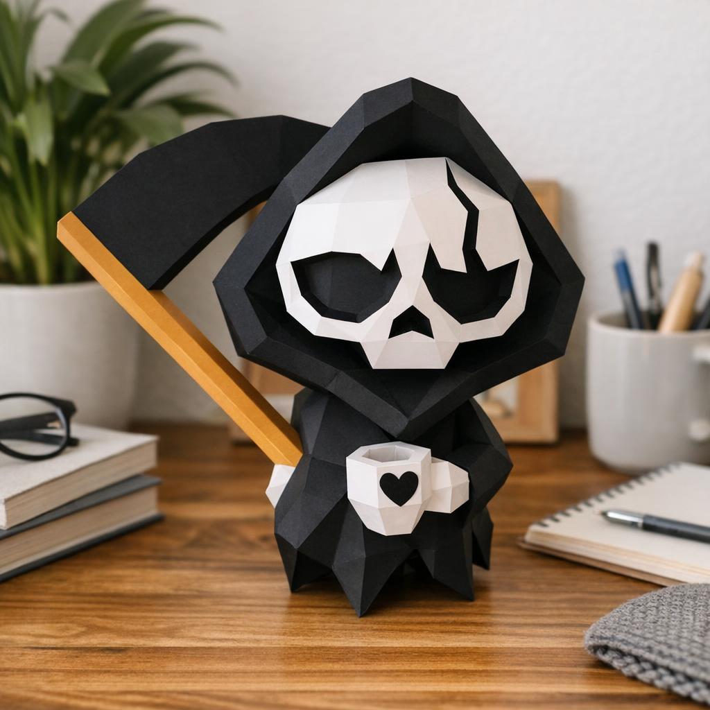 Papercraft statuette mort avec café en origami 3D
