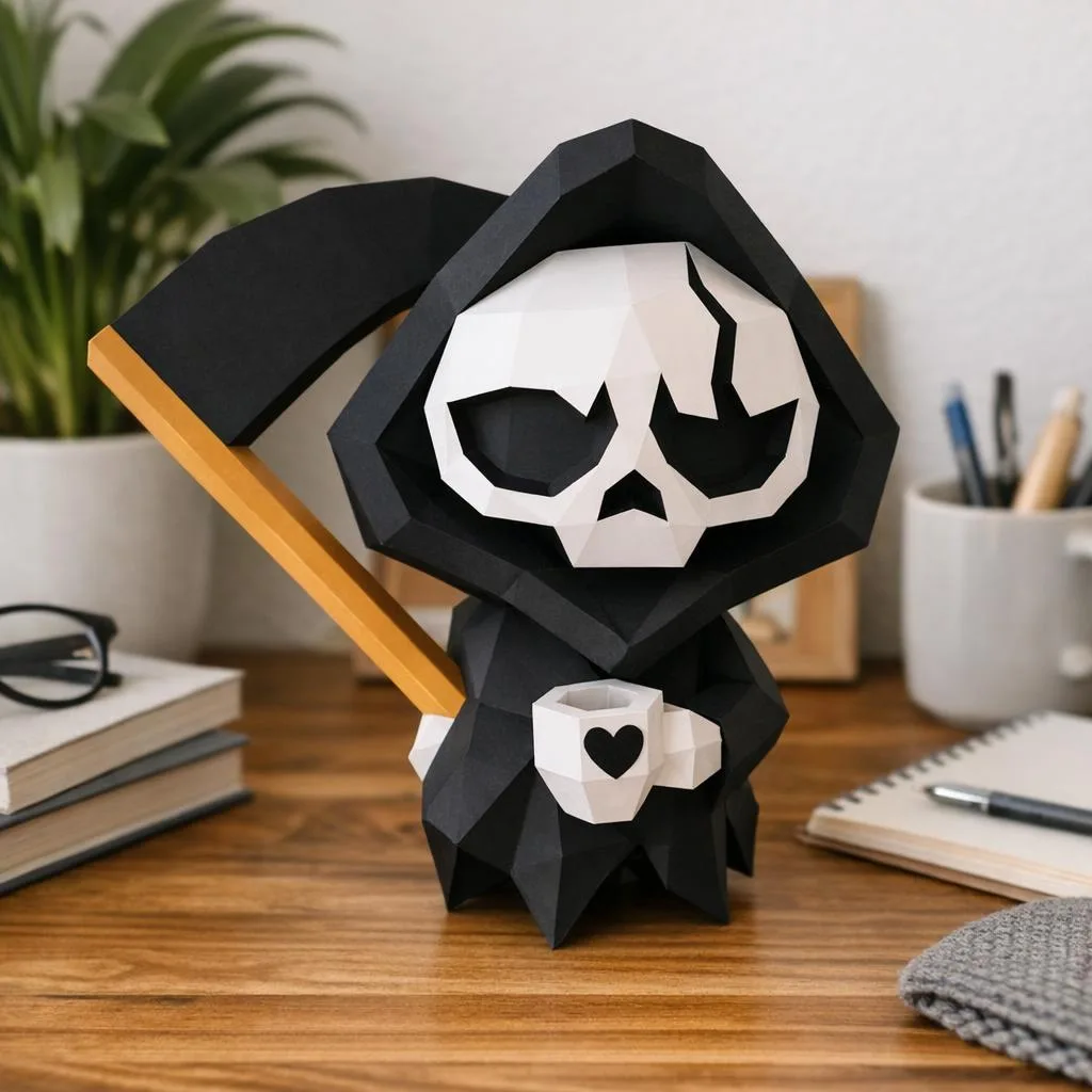 Papercraft Statuette Tod mit Kaffee aus 3D-Origami