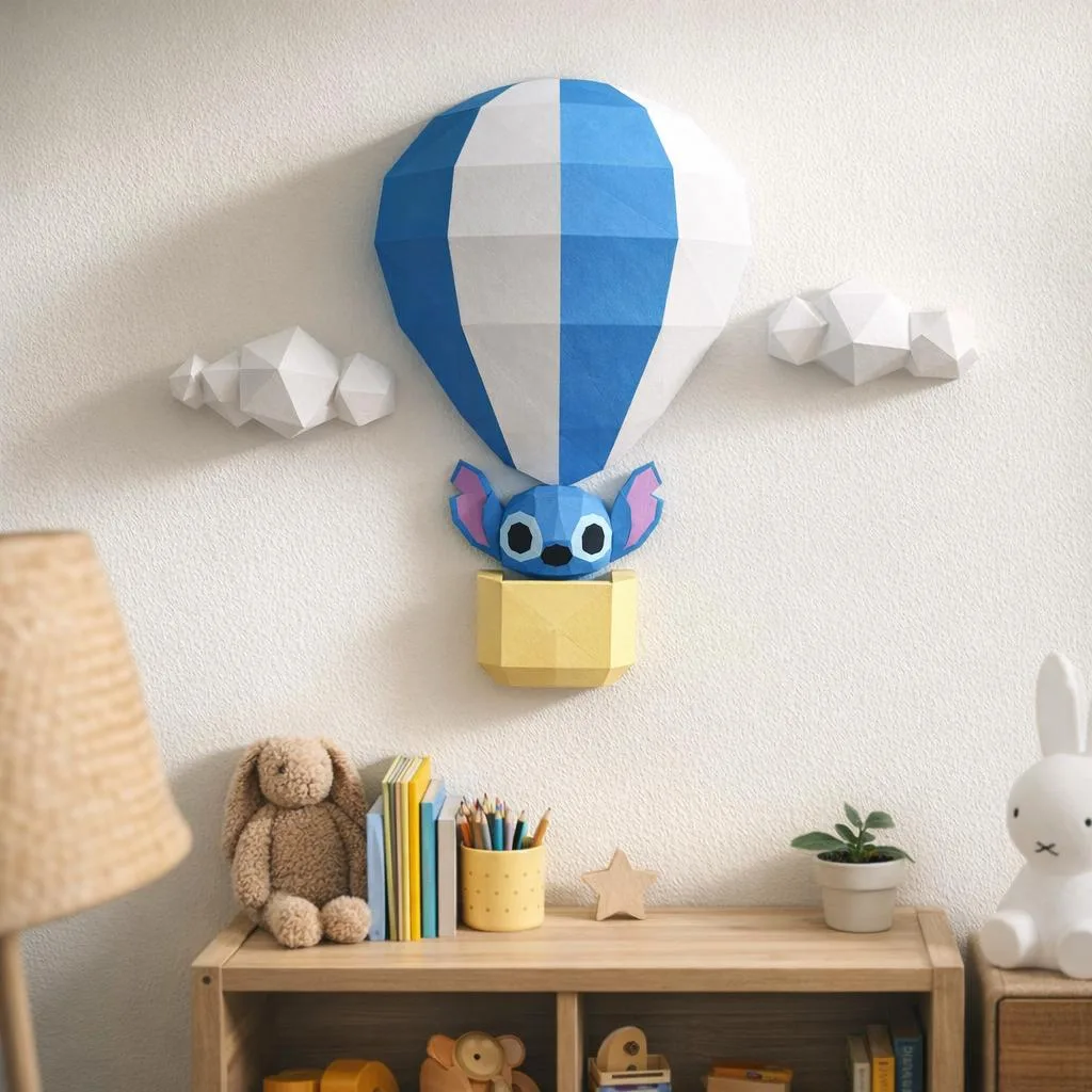 Papercraft Stitch im Heißluftballon Origami