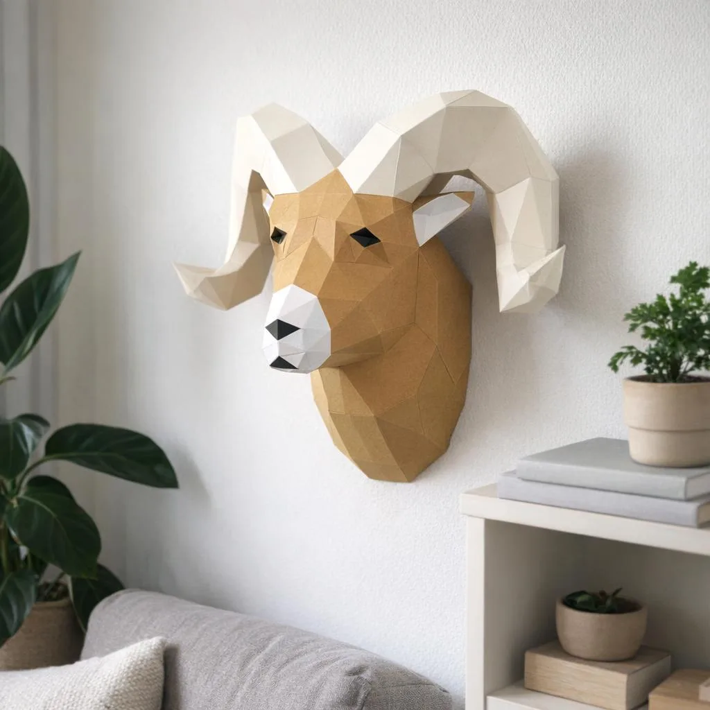 Two-Tone 3D Origami Ram Head Papercraft