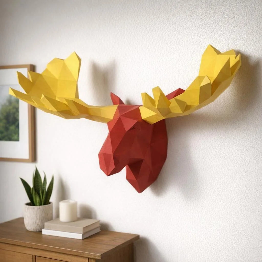 Papercraft testa di cervo gialla e rossa in origami 3D