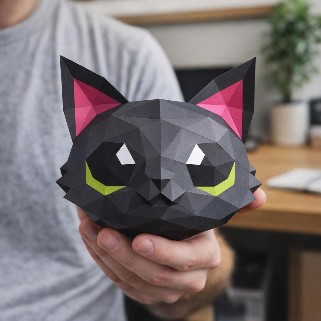 Papercraft tête de chaton noir en origami 3D