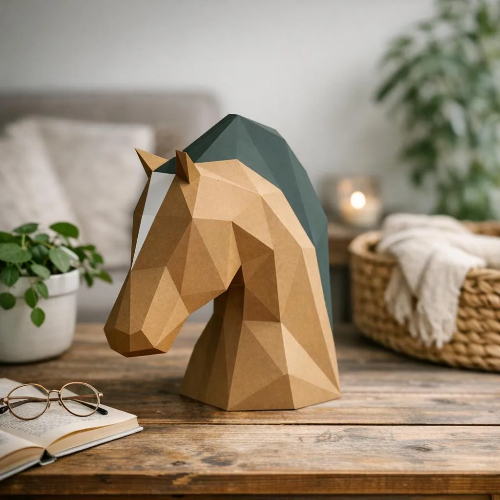 Papercraft Pferdekopf in Beige und Grün aus Origami