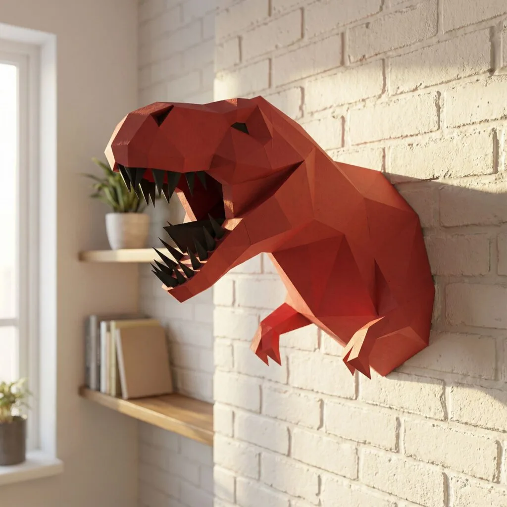 Papercraft cabeça de dinossauro T‑Rex Tyrannosaurus em origami 3D de papel