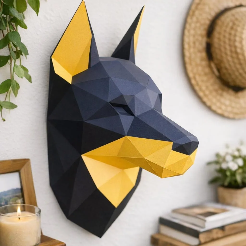 Papercraft cabeza de dóberman mural en origami 3D
