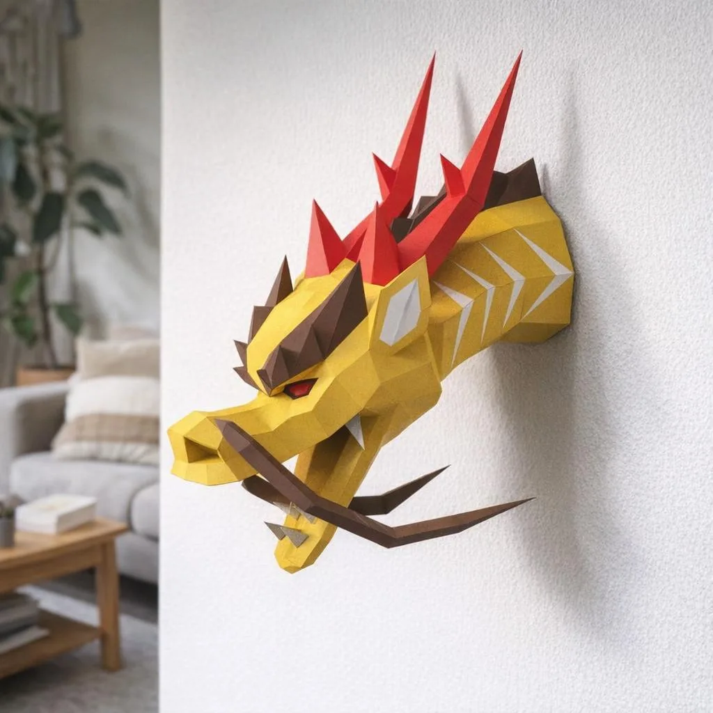 Papercraft chinesischer Drachenkopf als 3D-Origami für die Wand