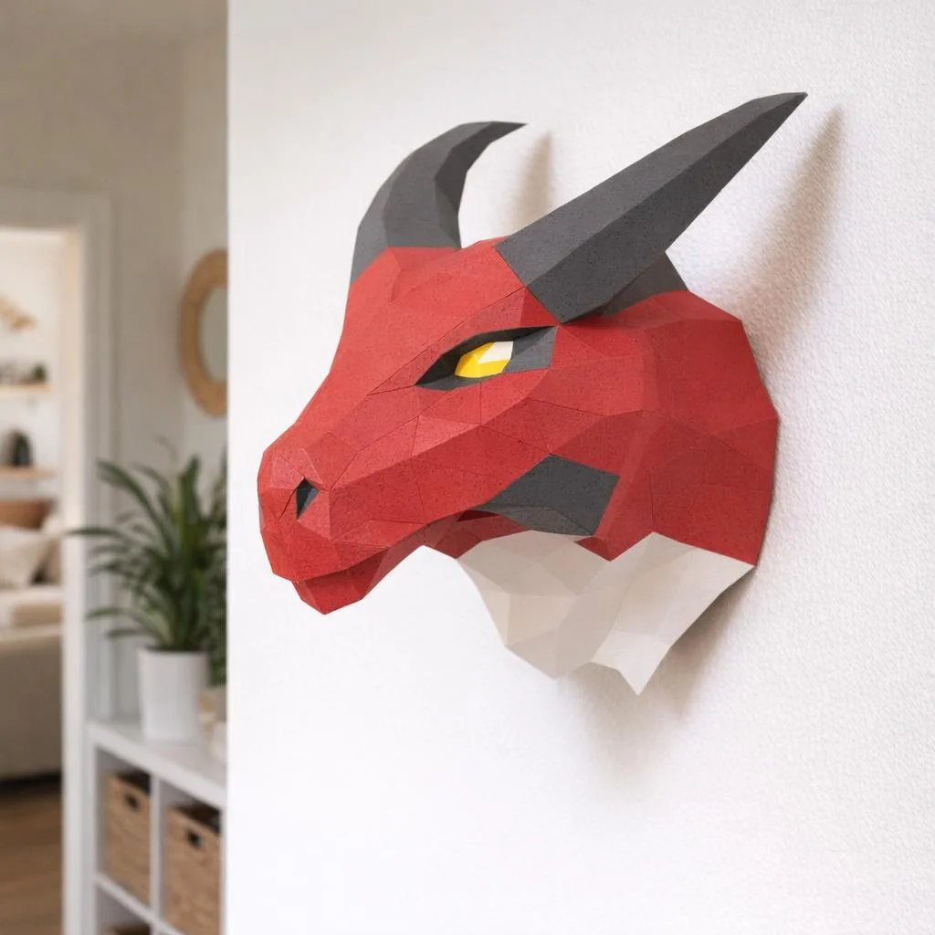 Papercraft cabeza de dragón rojo en origami 3D