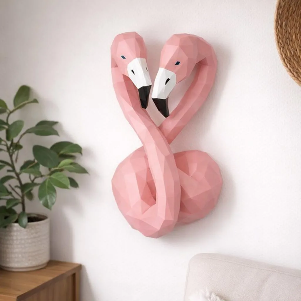 Papercraft cabeça de flamingos apaixonados em origami 3D