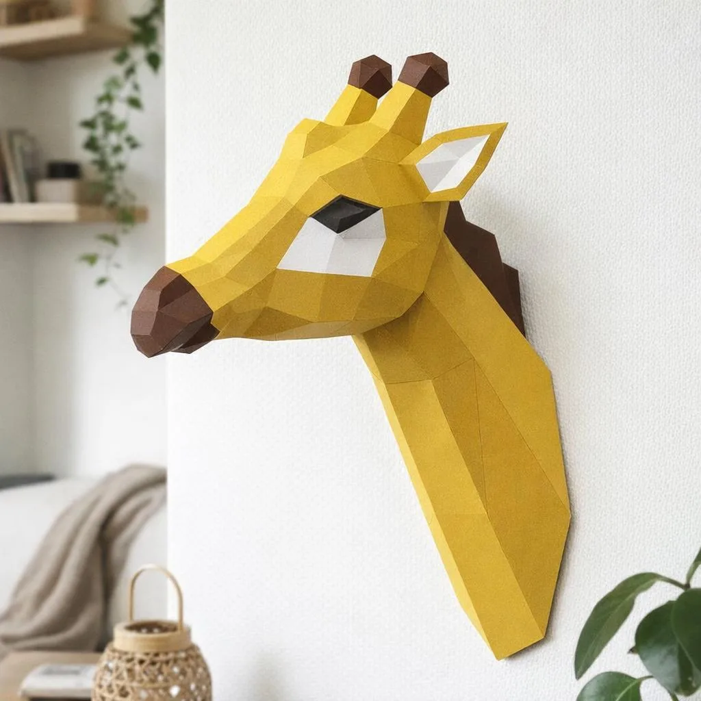 Papercraft gelber Giraffenkopf als 3D-Origami
