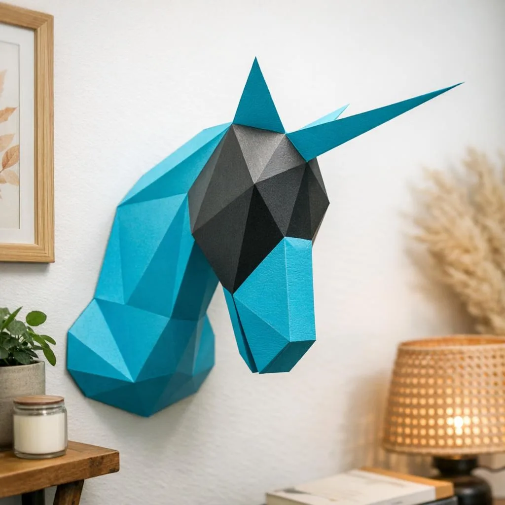 Papercraft cabeça de unicórnio azul em origami