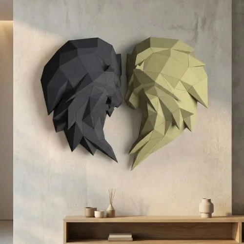 Papercraft Löwenkopf-Duo schwarz-grün als 3D-Origami