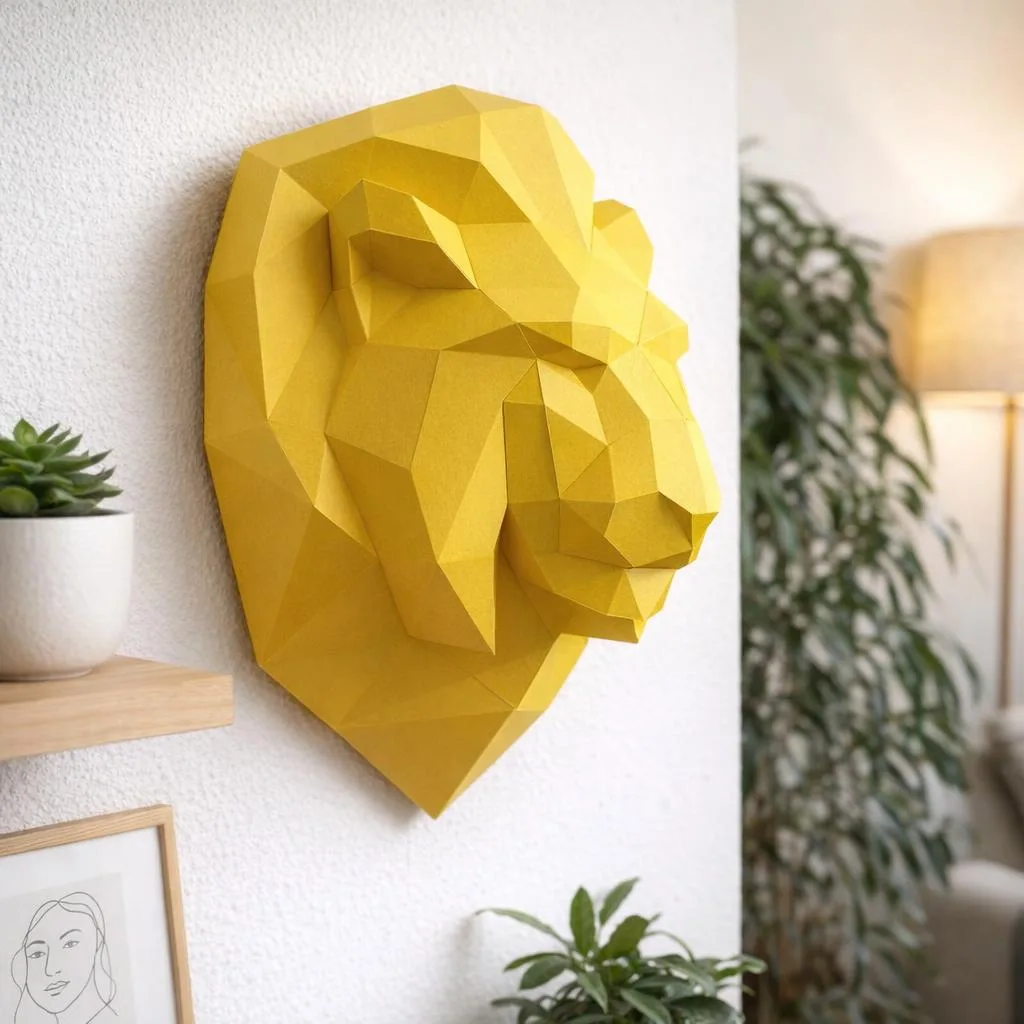 Papercraft cabeça de leão amarela em origami 3D