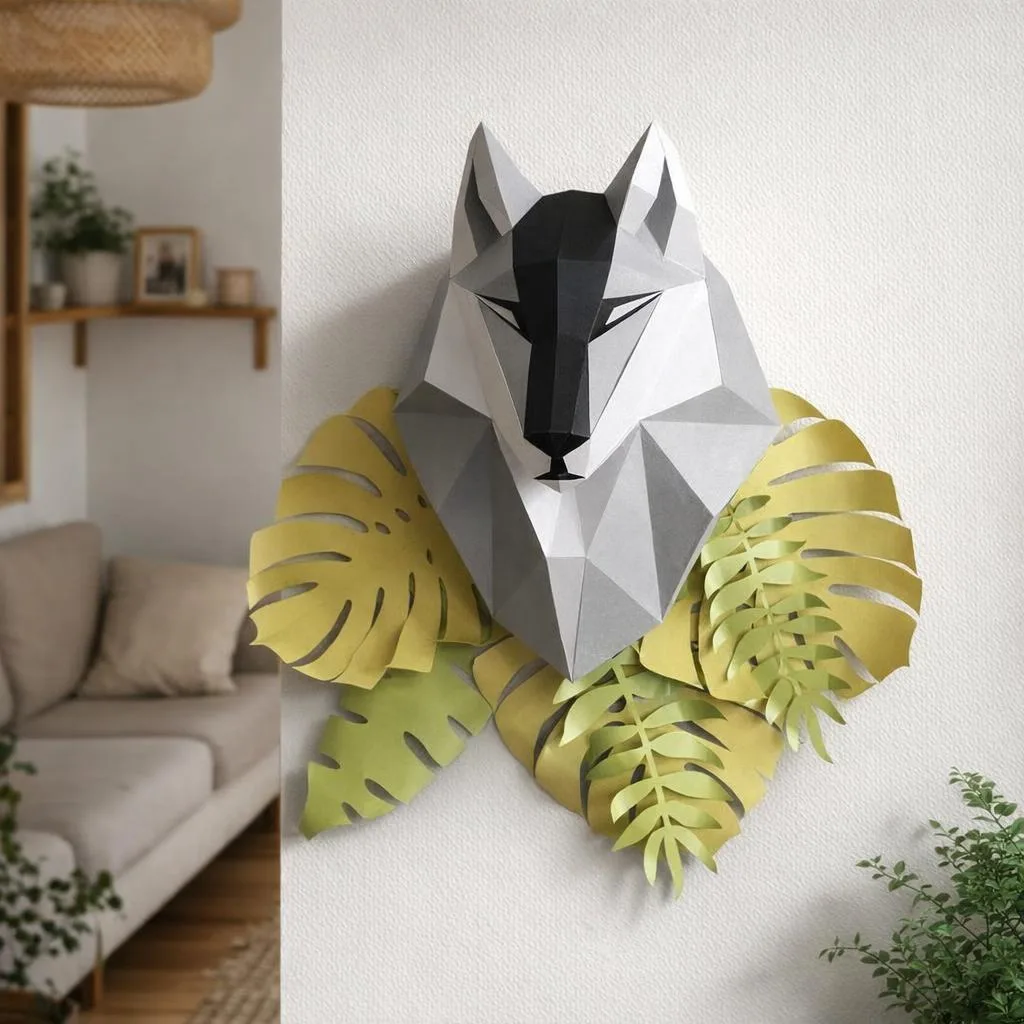 Papercraft tête de loup grise en origami 3D