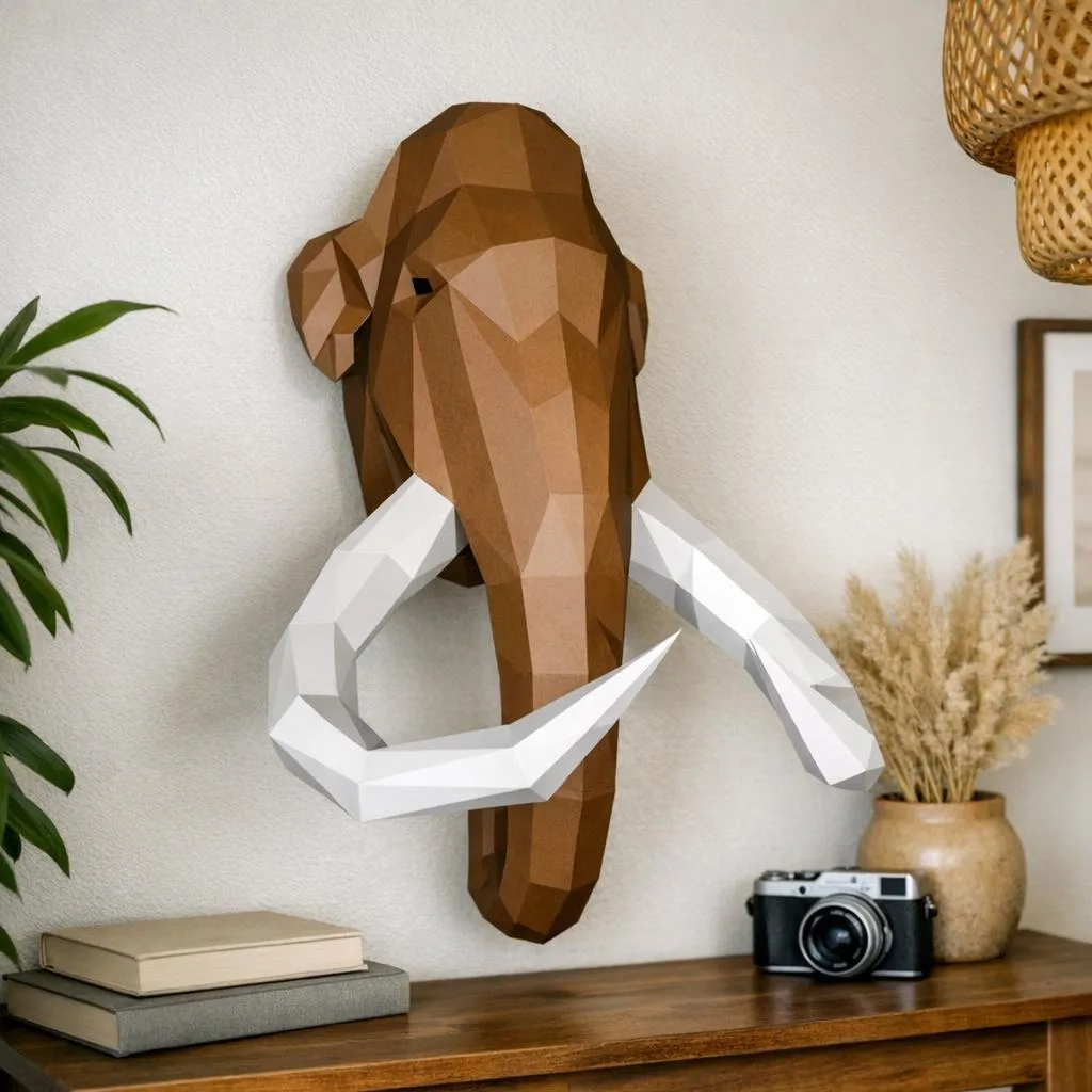 Papercraft cabeza de mamut mural en origami 3D