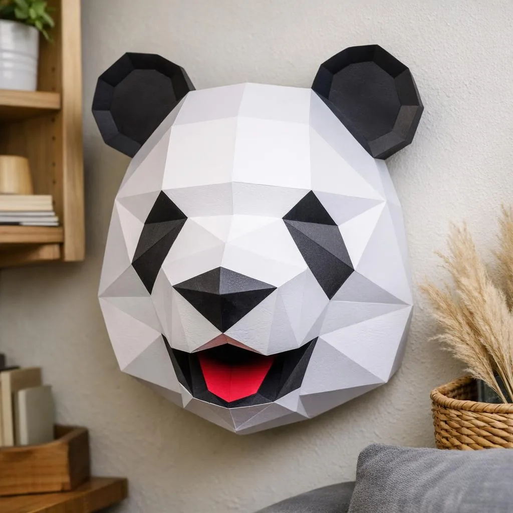 Papercraft Wand-Panda-Kopf mit offenem Maul aus 3D-Origami