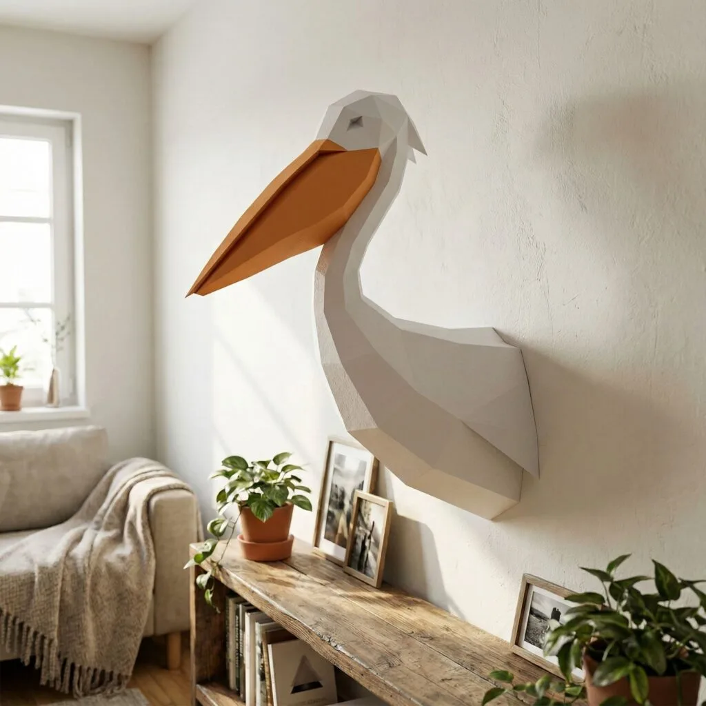Papercraft testa di pellicano murale in origami 3D