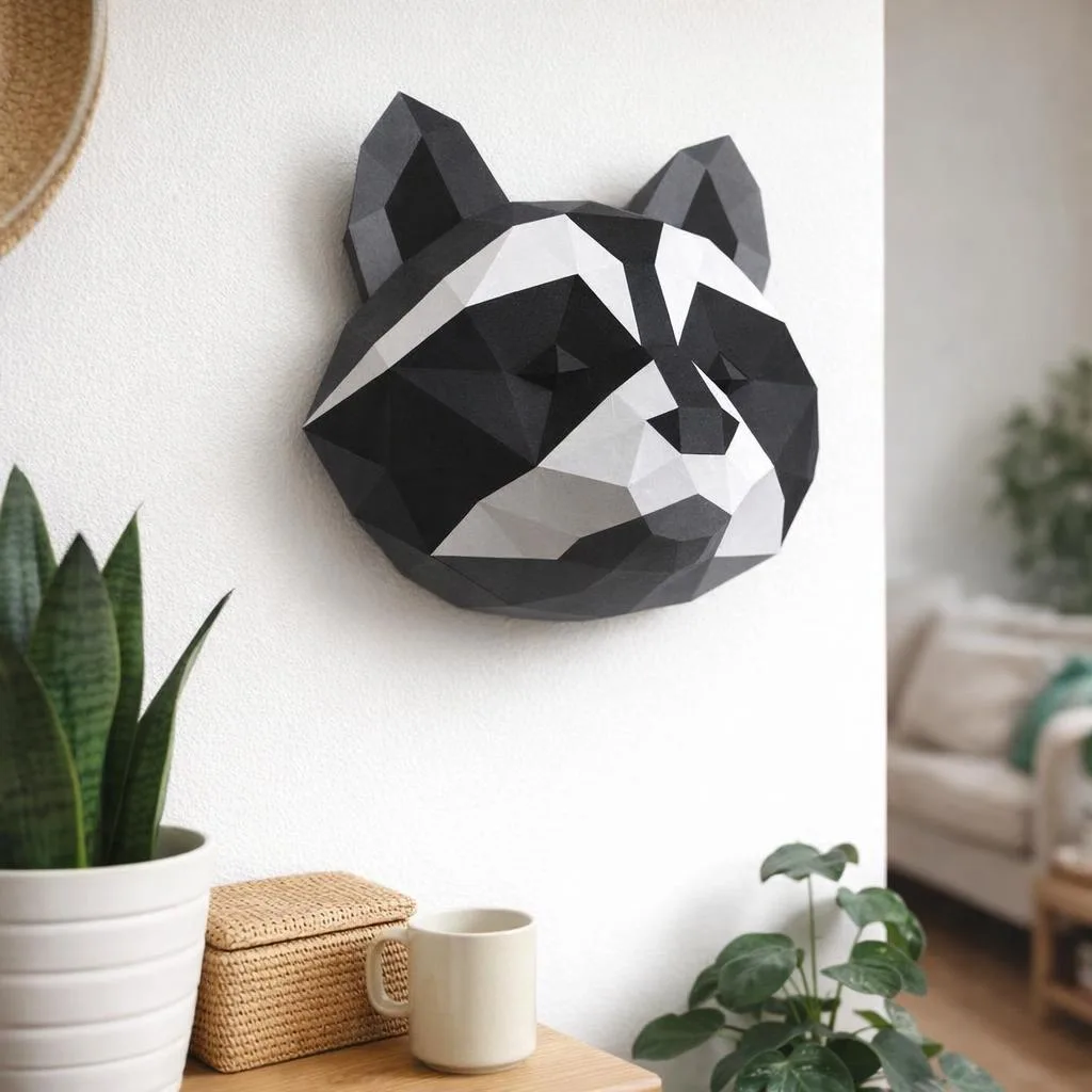 Papercraft schwarzer Waschbärenkopf als 3D-Origami