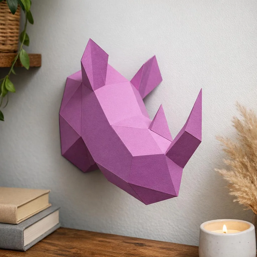 Papercraft de tête de rhinocéros rose en origami 3D