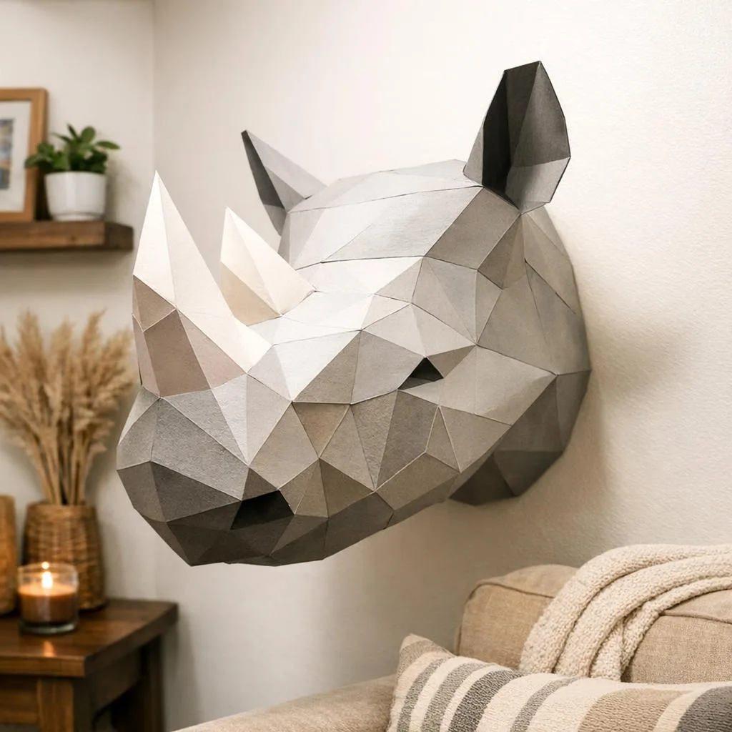 Papercraft weißer Nashornkopf als Origami