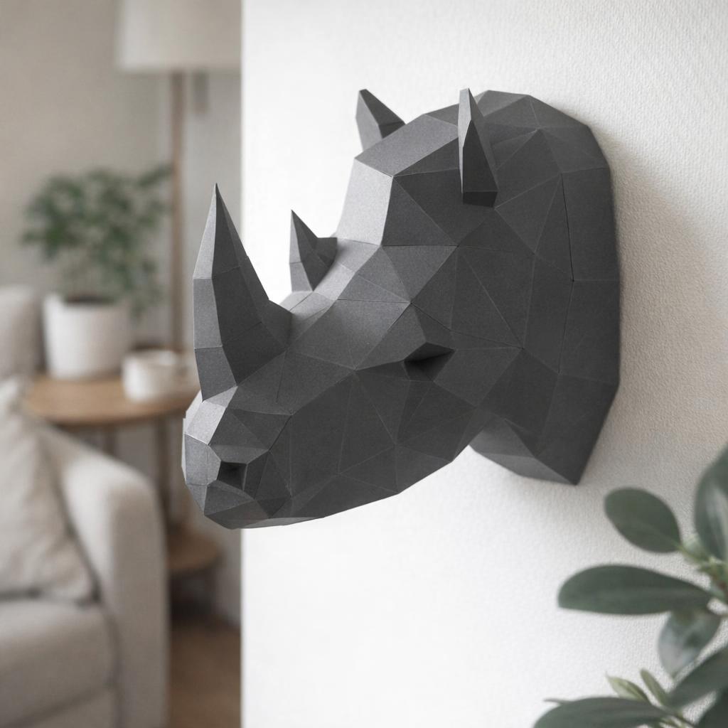 Papercraft tête de rhinocéros murale en origami 3D