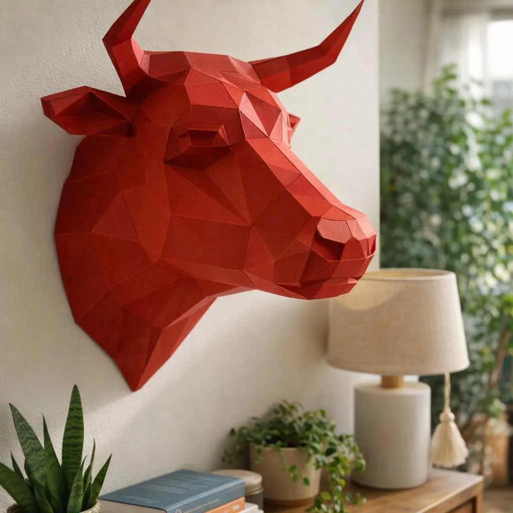 3D origami papercraft red bull head