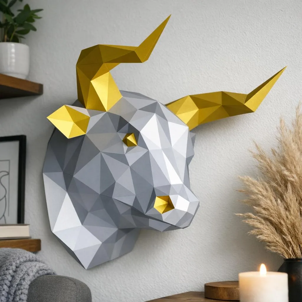 Origami papercraft bull head with golden horns