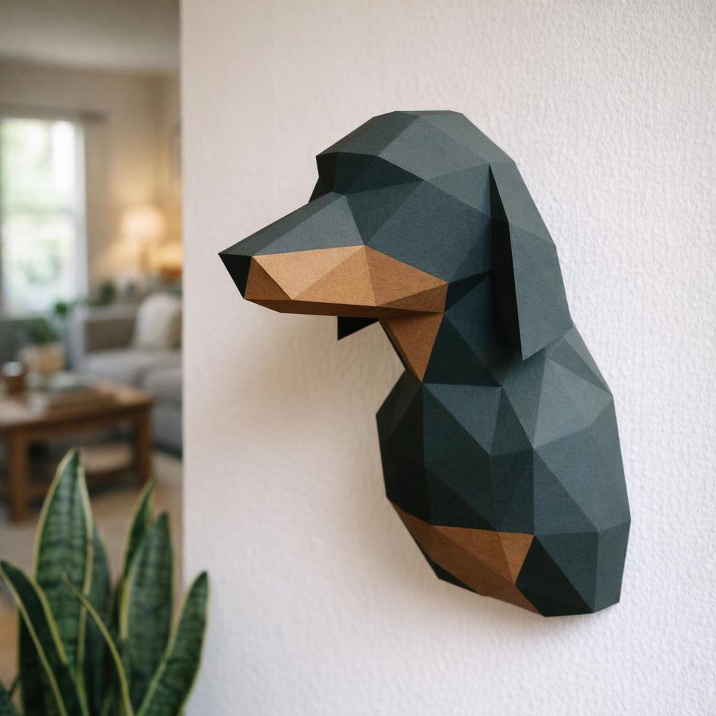 Papercraft tête de teckel mural en origami 3D