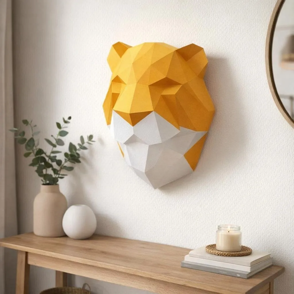 Papercraft tête de tigre orange et blanc en origami 3D