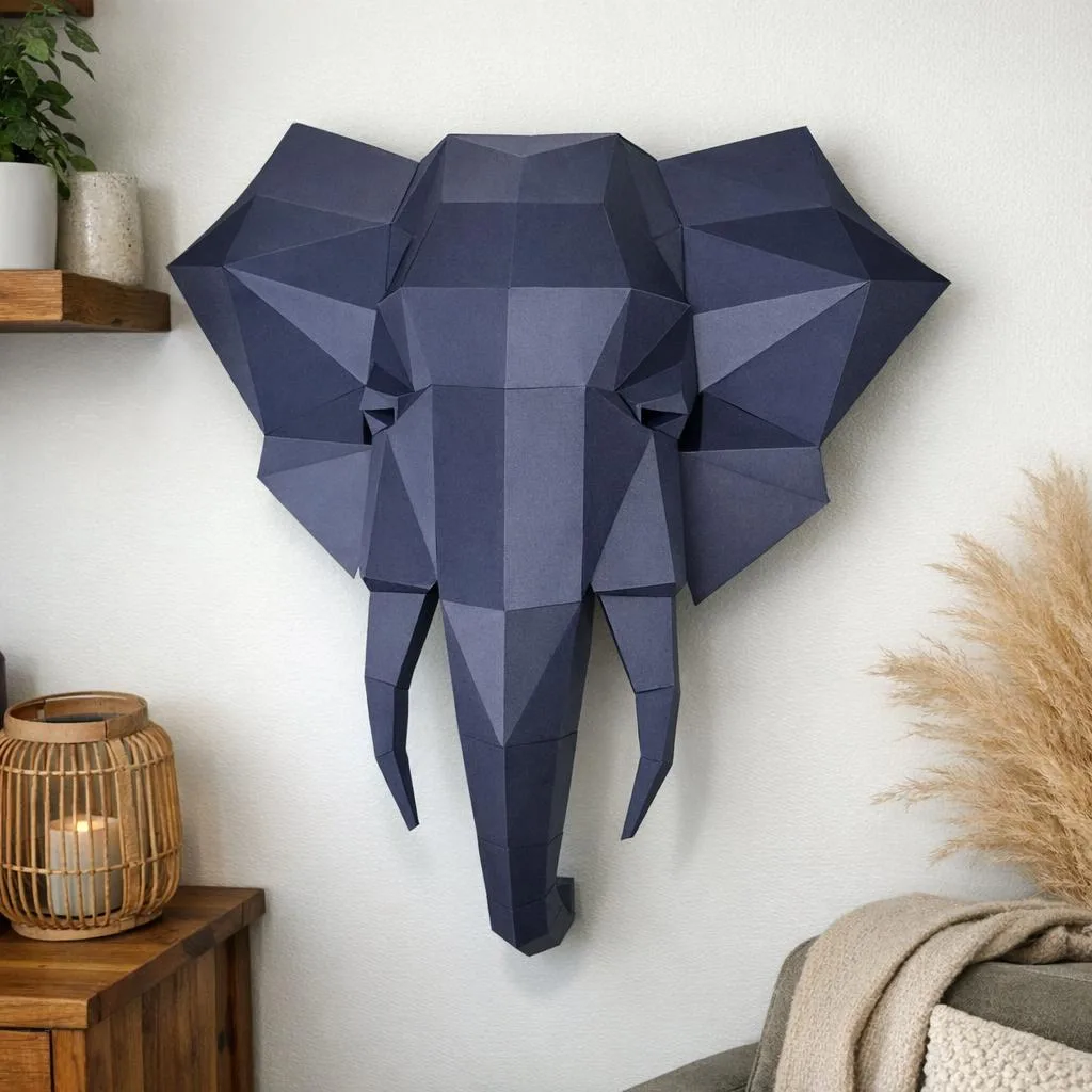 Papercraft Wand-Elefantenkopf im 3D-Origami-Stil